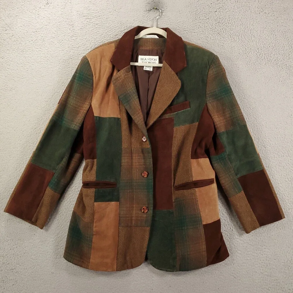 Brandon Thomas Suede Patchwork Blazer Jacket Womens Sz 12 M Brown Tan Colorblock - Picture 6 of 12